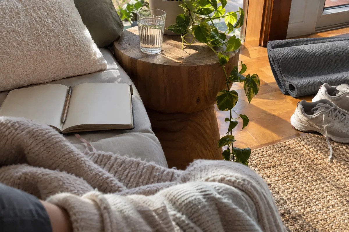 Reading corner with a notebook, a glass of water and a folded yoga mat